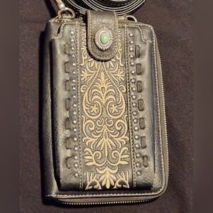 American Bling Black Faux Leather Studded Crossbody Phone Wallet Purse